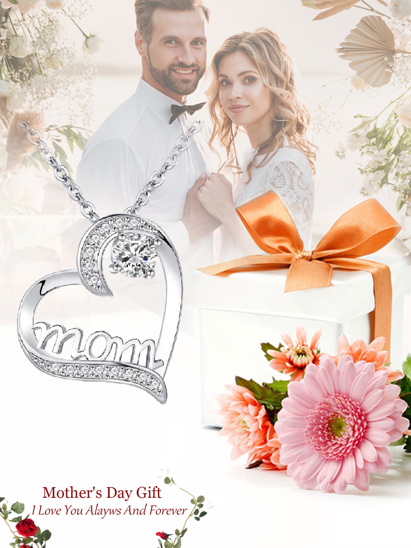 MOM all-match love necklace with double-door rose gift box, heart-shaped necklace for women, Mother's Day jewelry gift, women's necklace, daily holiday gift, anniversary gift, women's jewelry gift, gift for mother and wife