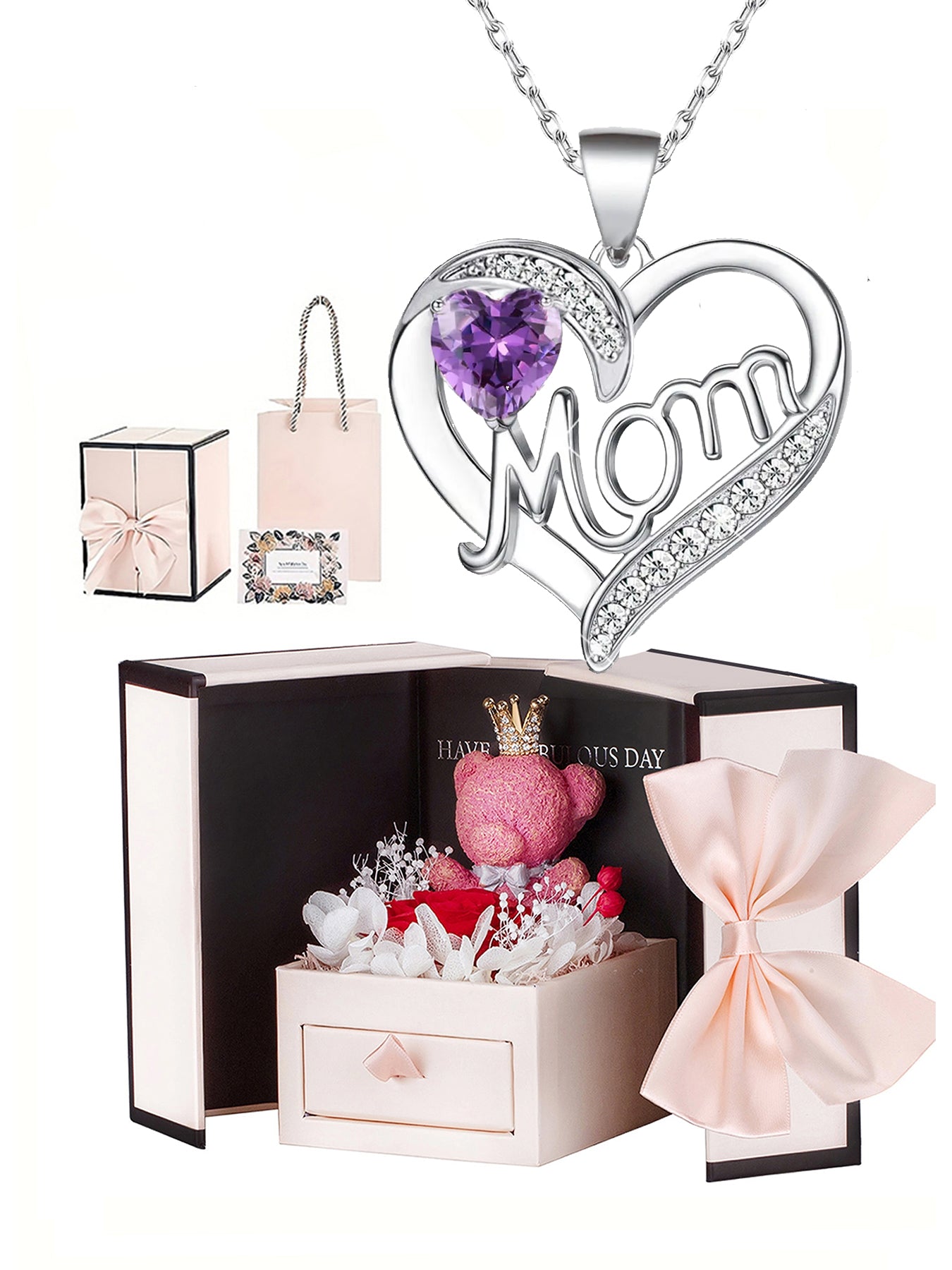 Unique double heart love pendant necklace with bear rose gift box, women's mother necklace, women's rose gift box necklace, Mother's Day gift, holiday gift for mother and grandmother, gift for wife, Mother's Day gift for mother, jewelry birthday gift for