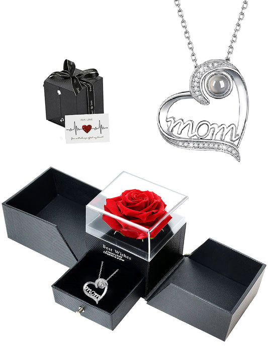 Heart-shaped projection necklace in one hundred languages with double-door exquisite rose gift box, women's mother necklace, Mother's Day gift, holiday gift for mother and grandmother, anniversary gift, gift for wife, Mother's Day gift for mother, birth