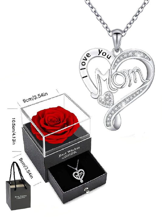 Double heart necklace mom style with eternal rose gift box, women's pendant necklace, women's jewelry gift, mother's day women's necklace, anniversary gift for mom and grandma, mother's day gift, party fashion jewelry, mom women's necklace, anniversary gi