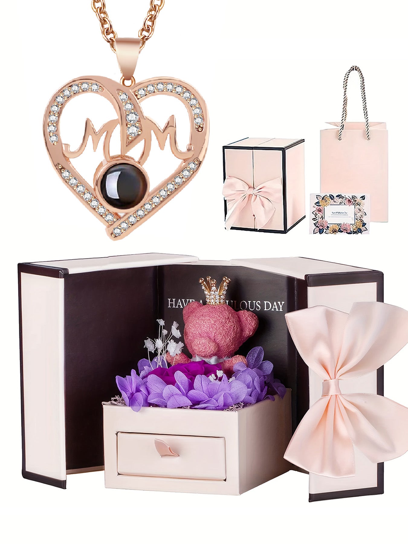 Simple love mom style projection necklace with one hundred languages matched with rose bear gift box, anniversary gift for mom and grandma, Mother's Day gift, daily holiday gift, gift for mom and wife, women's jewelry gift, Valentine's Day, Christmas,