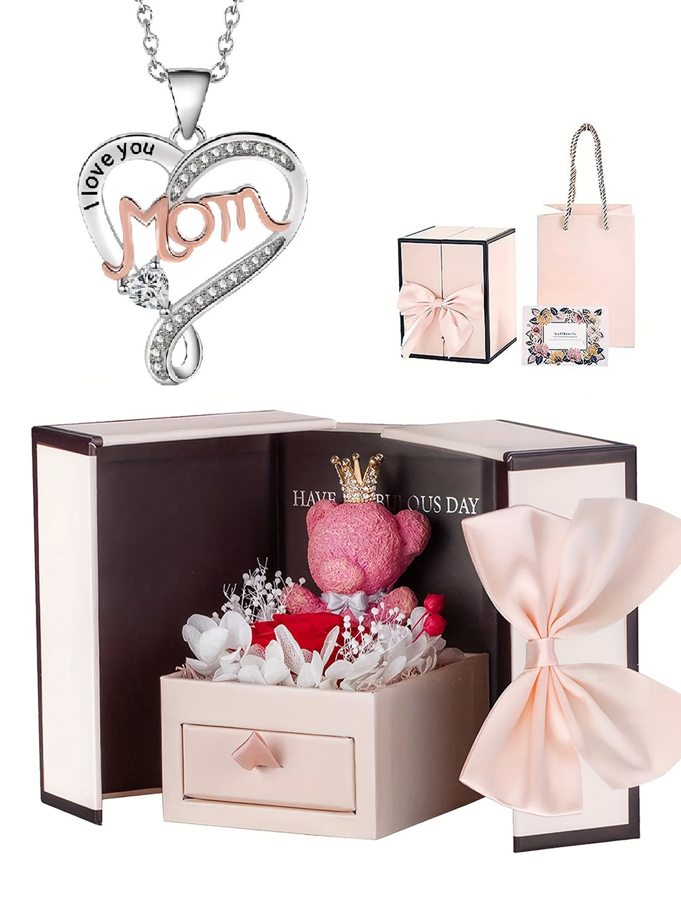 mom unique double heart necklace with romantic rose bear gift box, women's pendant necklace, women's jewelry gifts, mother's day women's necklace, anniversary gifts for mom and grandma, mother's day gifts, party fashion jewelry, mom women's necklace, anni