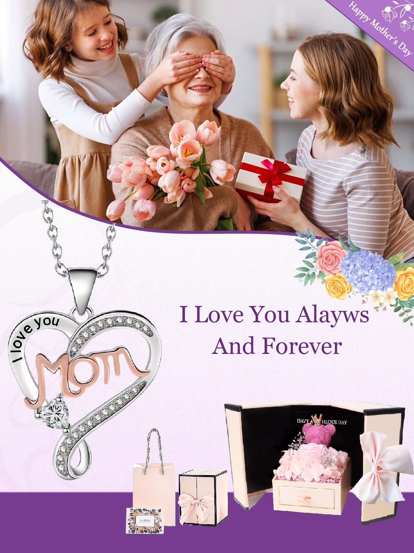mom unique double heart necklace with romantic rose bear gift box, women's pendant necklace, women's jewelry gifts, mother's day women's necklace, anniversary gifts for mom and grandma, mother's day gifts, party fashion jewelry, mom women's necklace, anni