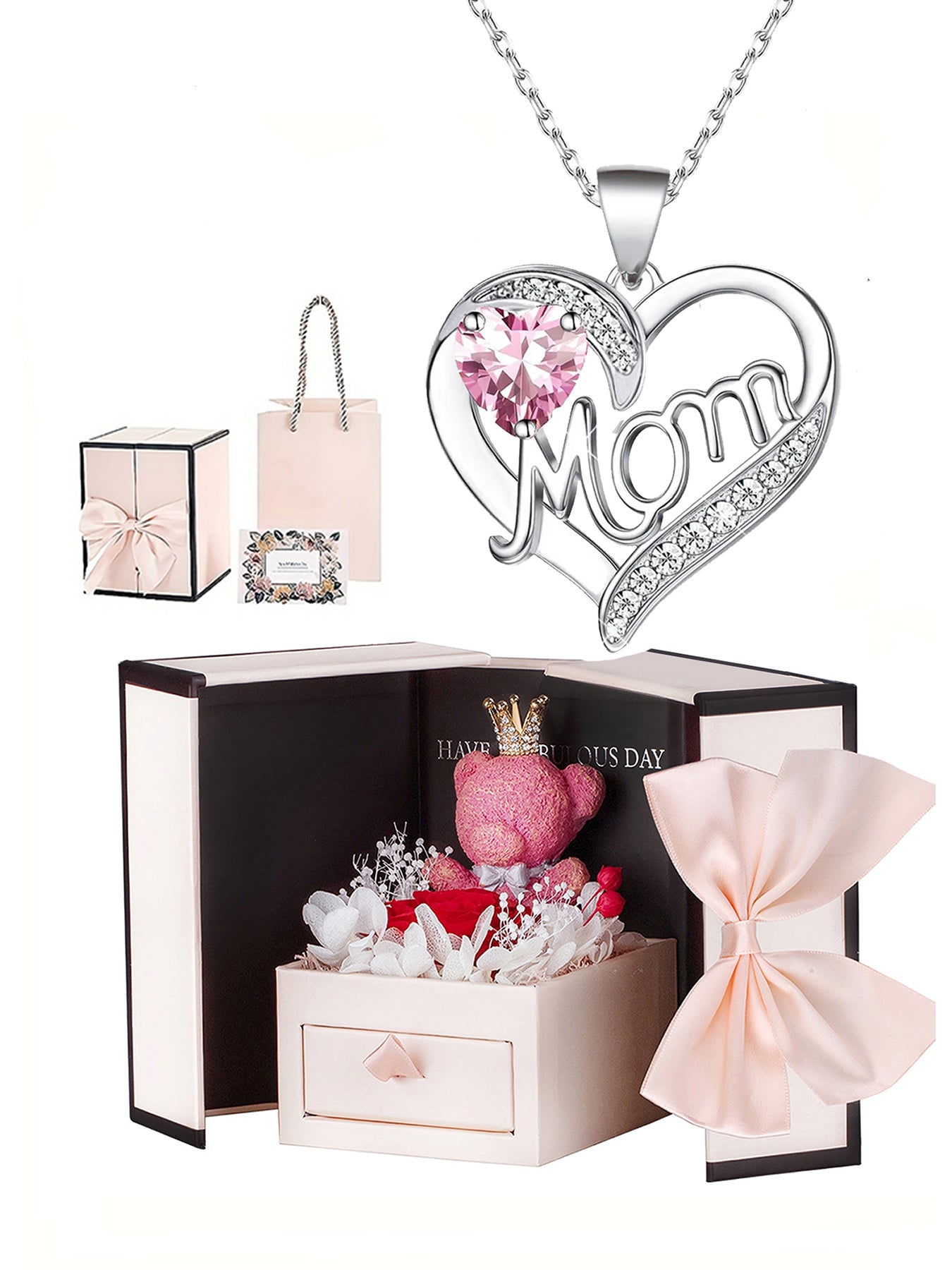 Unique double heart love pendant necklace with bear rose gift box, women's mother necklace, women's rose gift box necklace, Mother's Day gift, holiday gift for mother and grandmother, gift for wife, Mother's Day gift for mother, jewelry birthday gift for
