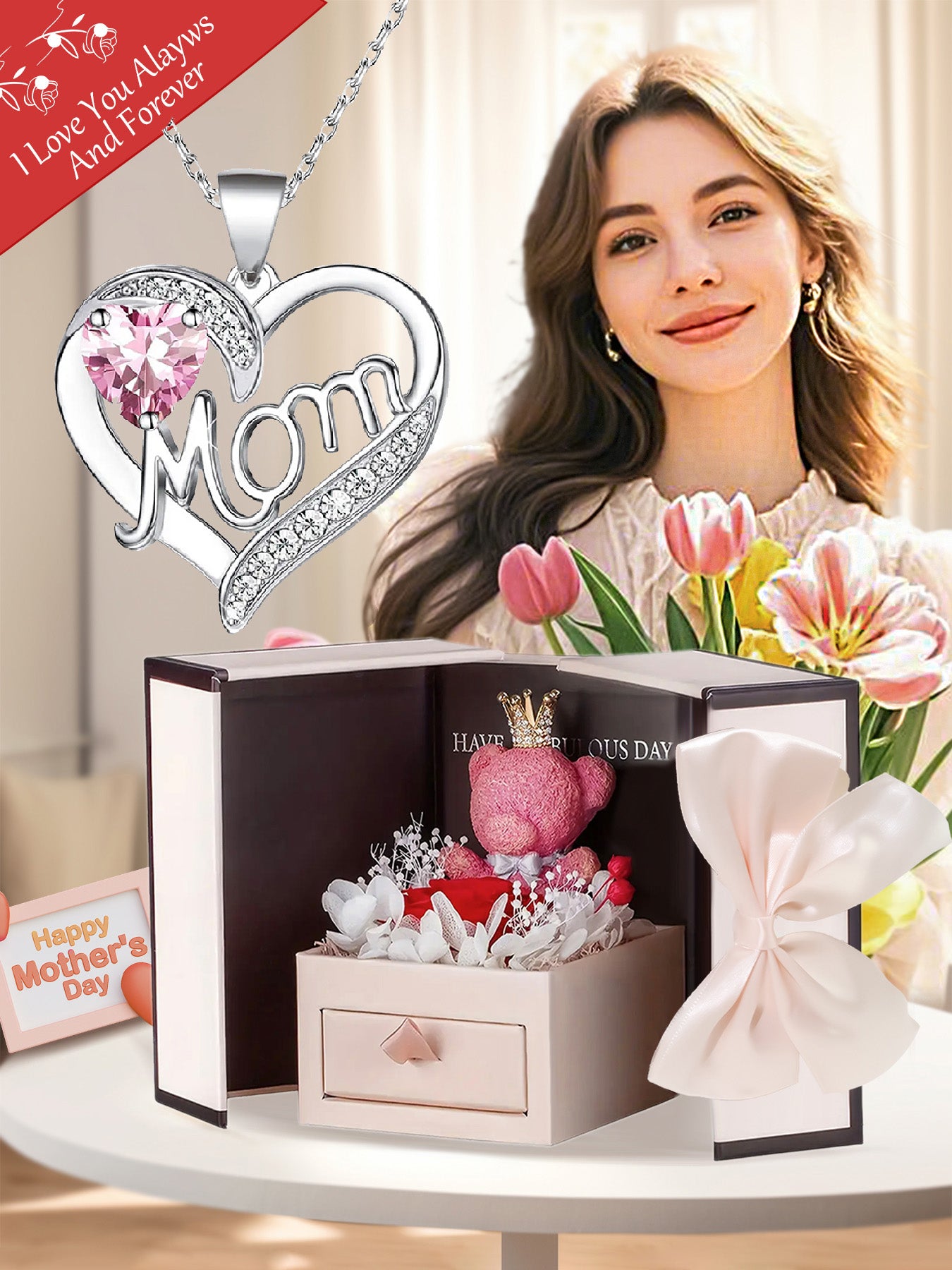 Unique double heart love pendant necklace with bear rose gift box, women's mother necklace, women's rose gift box necklace, Mother's Day gift, holiday gift for mother and grandmother, gift for wife, Mother's Day gift for mother, jewelry birthday gift for