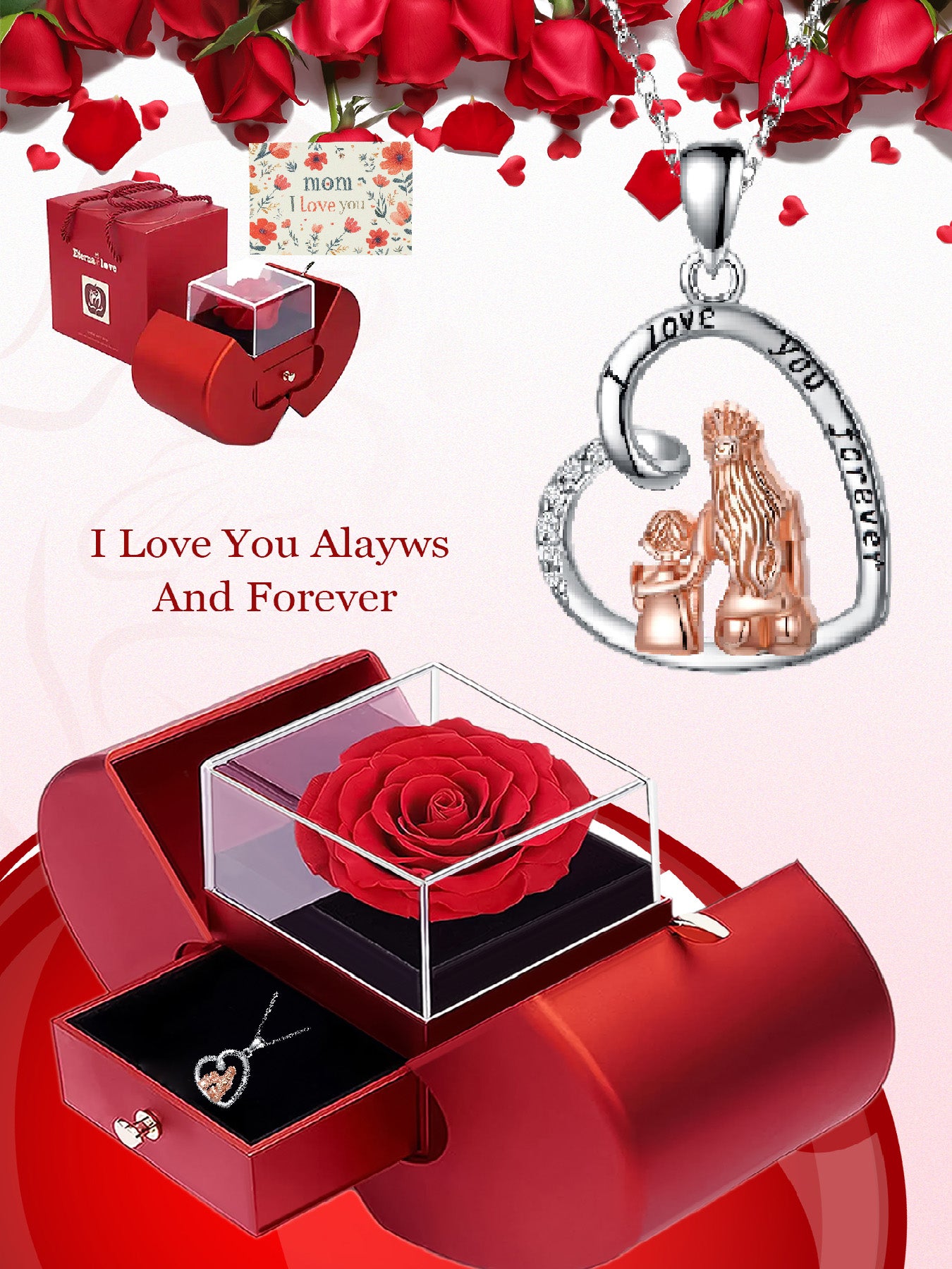 Unique love heart shaped necklace with romantic rose apple gift box, women's pendant necklace, women's jewelry gift, mother's day women's necklace, anniversary gift for mom and grandma, mother's day gift, party fashion jewelry, mother's necklace, annivers