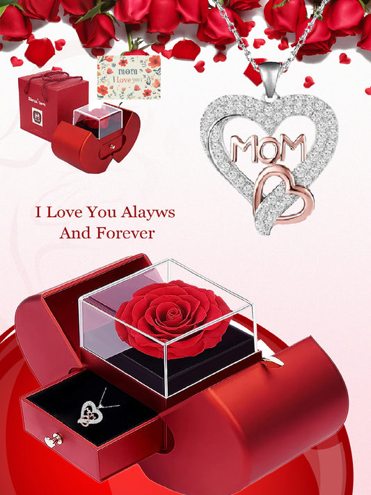 Design double heart necklace with apple rose gift box, holiday gift for mom, grandma, grandmother, holiday gift for family on Mother's Day, daily holiday gift, Christmas, Thanksgiving, Valentine's Day, anniversary gift, women's necklace, women's jewelry g