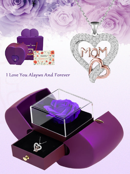 Design double heart necklace with apple rose gift box, holiday gift for mom, grandma, grandmother, holiday gift for family on Mother's Day, daily holiday gift, Christmas, Thanksgiving, Valentine's Day, anniversary gift, women's necklace, women's jewelry g