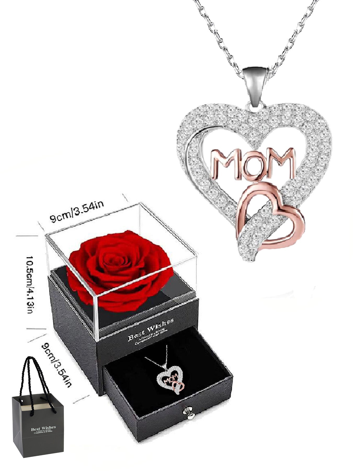 Romantic double heart necklace with rose gift box, holiday gift for mom, grandma, grandmother, holiday gift for family on Mother's Day, daily holiday gift, Christmas, Thanksgiving, Valentine's Day, anniversary gift, women's necklace, women's jewelry gift,