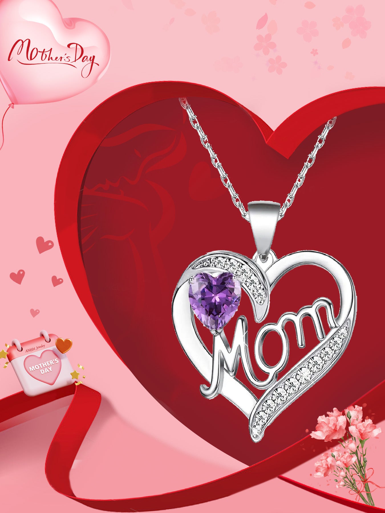 Double heart love design pendant necklace, women's mother necklace, women's rose gift box necklace, Mother's Day gift, holiday gift for mother, grandmother, anniversary gift, gift for wife, Mother's Day gift for mother, jewelry birthday gift for women
