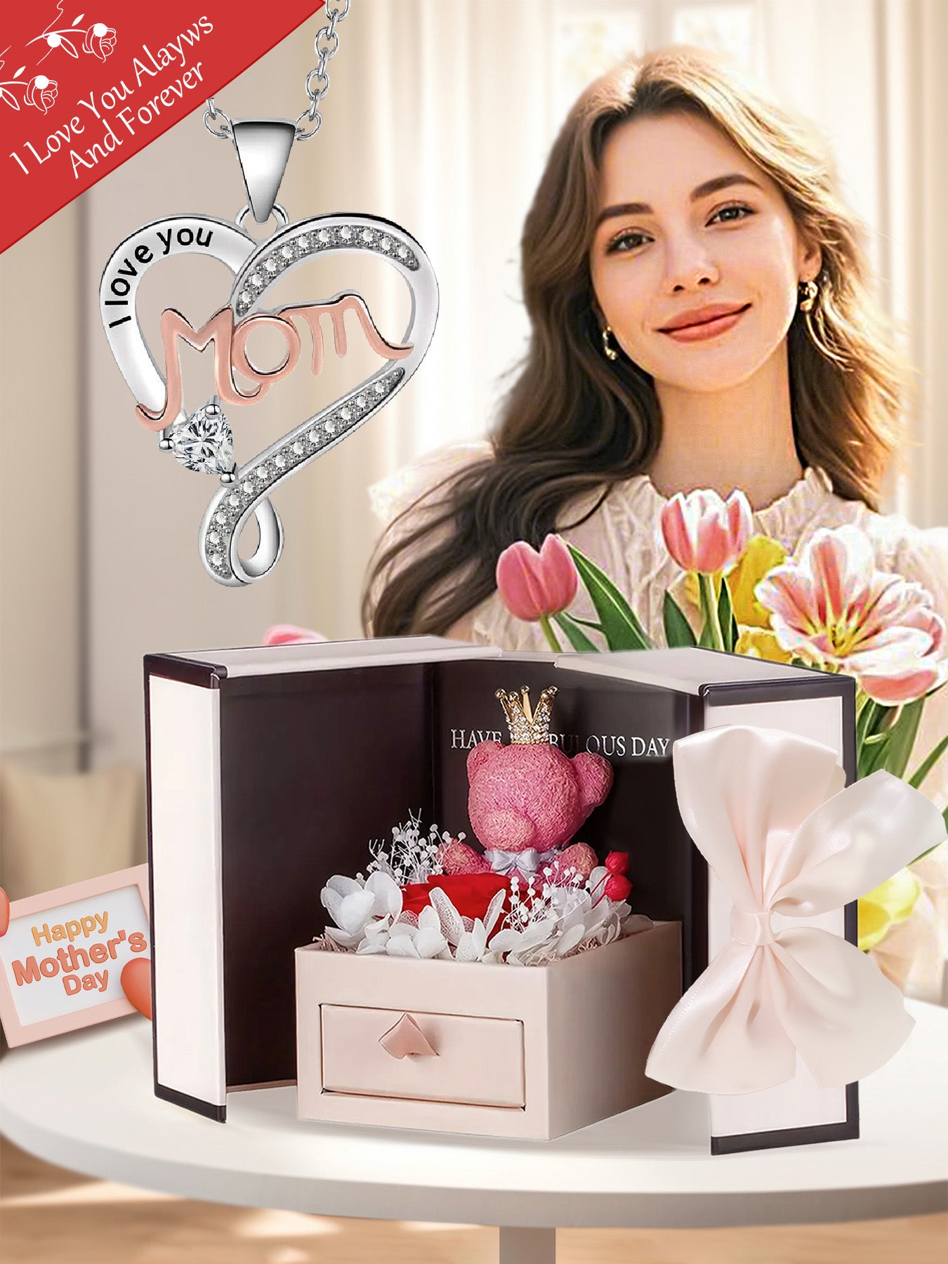 mom unique double heart necklace with romantic rose bear gift box, women's pendant necklace, women's jewelry gifts, mother's day women's necklace, anniversary gifts for mom and grandma, mother's day gifts, party fashion jewelry, mom women's necklace, anni