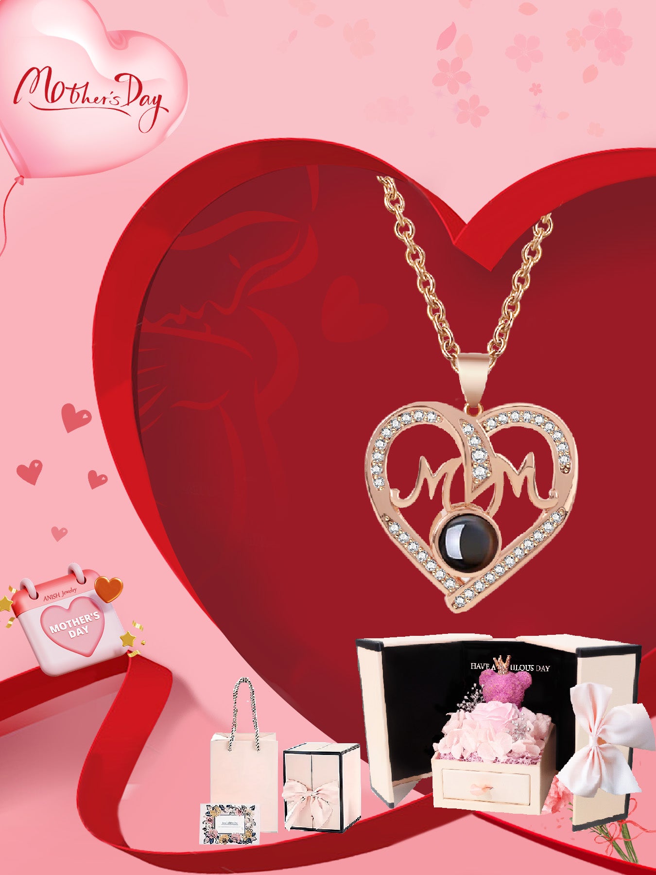 Simple love mom style projection necklace with one hundred languages matched with rose bear gift box, anniversary gift for mom and grandma, Mother's Day gift, daily holiday gift, gift for mom and wife, women's jewelry gift, Valentine's Day, Christmas,