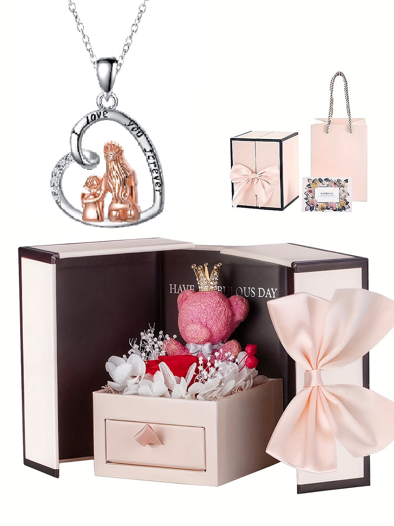 Unique design heart shaped necklace with rose bear gift box, women's pendant necklace, women's jewelry gift, women's necklace for mother's day, anniversary gift for mom grandma, mother's day gift, party fashion jewelry, mom women's necklace, anniversary g