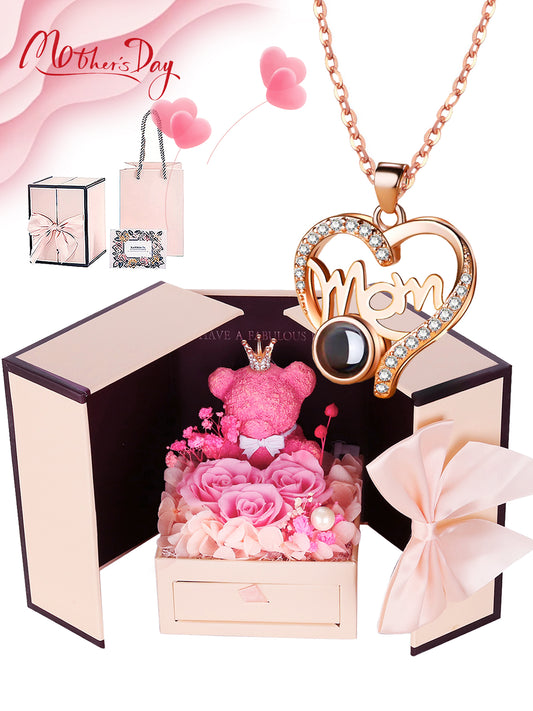Mother's Day Gift Rose Bear Gift Box Set Gifts for Mom from Son and Daughter 100 I Love You Projection Necklace Mom Necklace Love Pendant Christmas Gift Mother's Day Valentine's Day