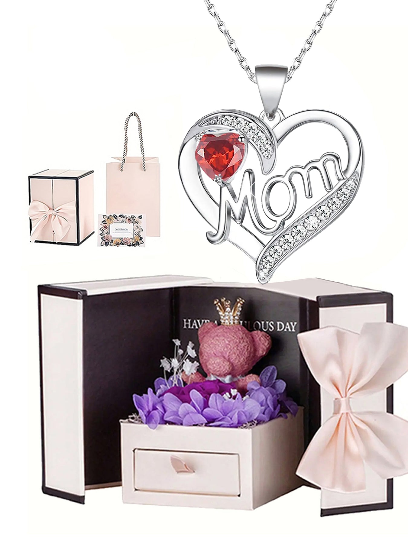Unique double heart love pendant necklace with bear rose gift box, women's mother necklace, women's rose gift box necklace, Mother's Day gift, holiday gift for mother and grandmother, gift for wife, Mother's Day gift for mother, jewelry birthday gift for