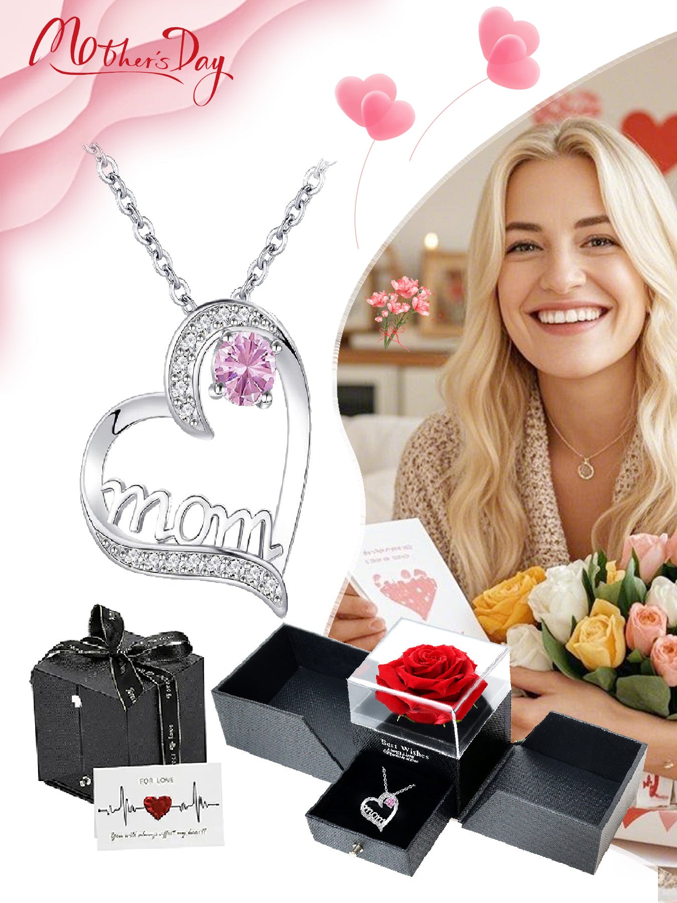 MOM all-match love necklace with double-door rose gift box, heart-shaped necklace for women, Mother's Day jewelry gift, women's necklace, daily holiday gift, anniversary gift, women's jewelry gift, gift for mother and wife