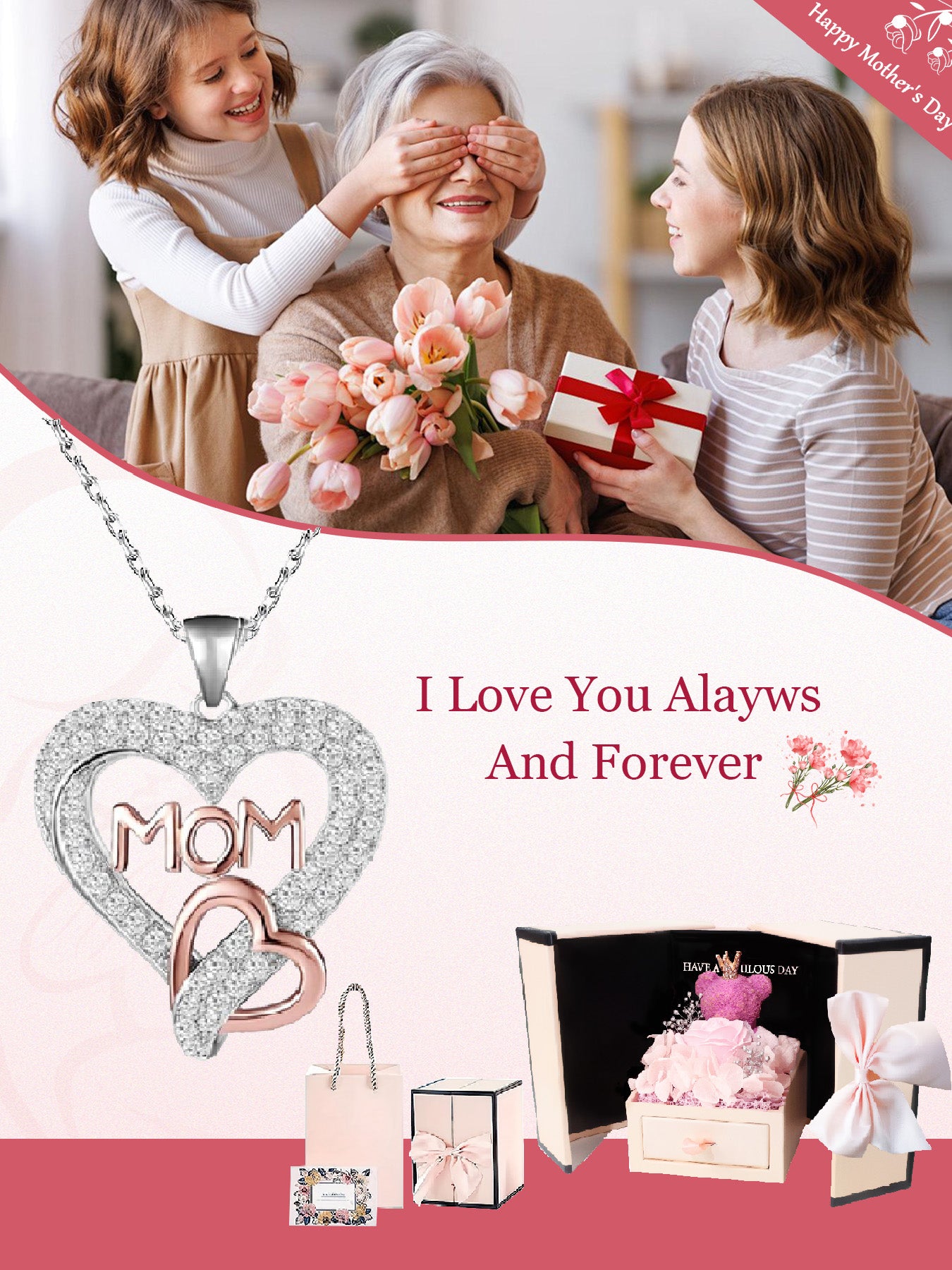 Design double heart necklace with rose bear gift box, holiday gift for mom, grandma, grandmother, holiday gift for family on Mother's Day, daily holiday gift, Christmas, Thanksgiving, Valentine's Day, anniversary gift, women's necklace, women's jewelry gi