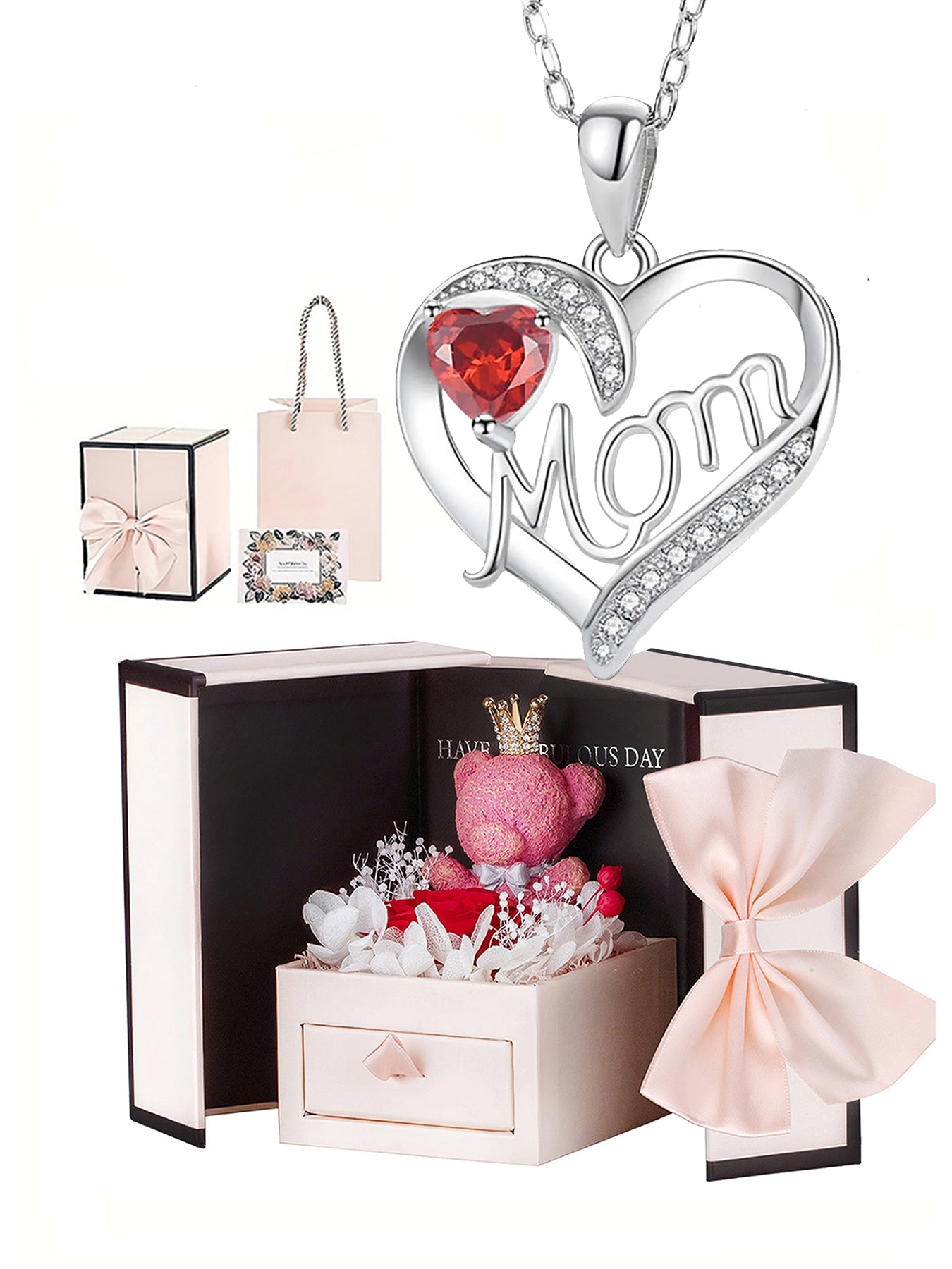 Unique double heart love pendant necklace with bear rose gift box, women's mother necklace, women's rose gift box necklace, Mother's Day gift, holiday gift for mother and grandmother, gift for wife, Mother's Day gift for mother, jewelry birthday gift for