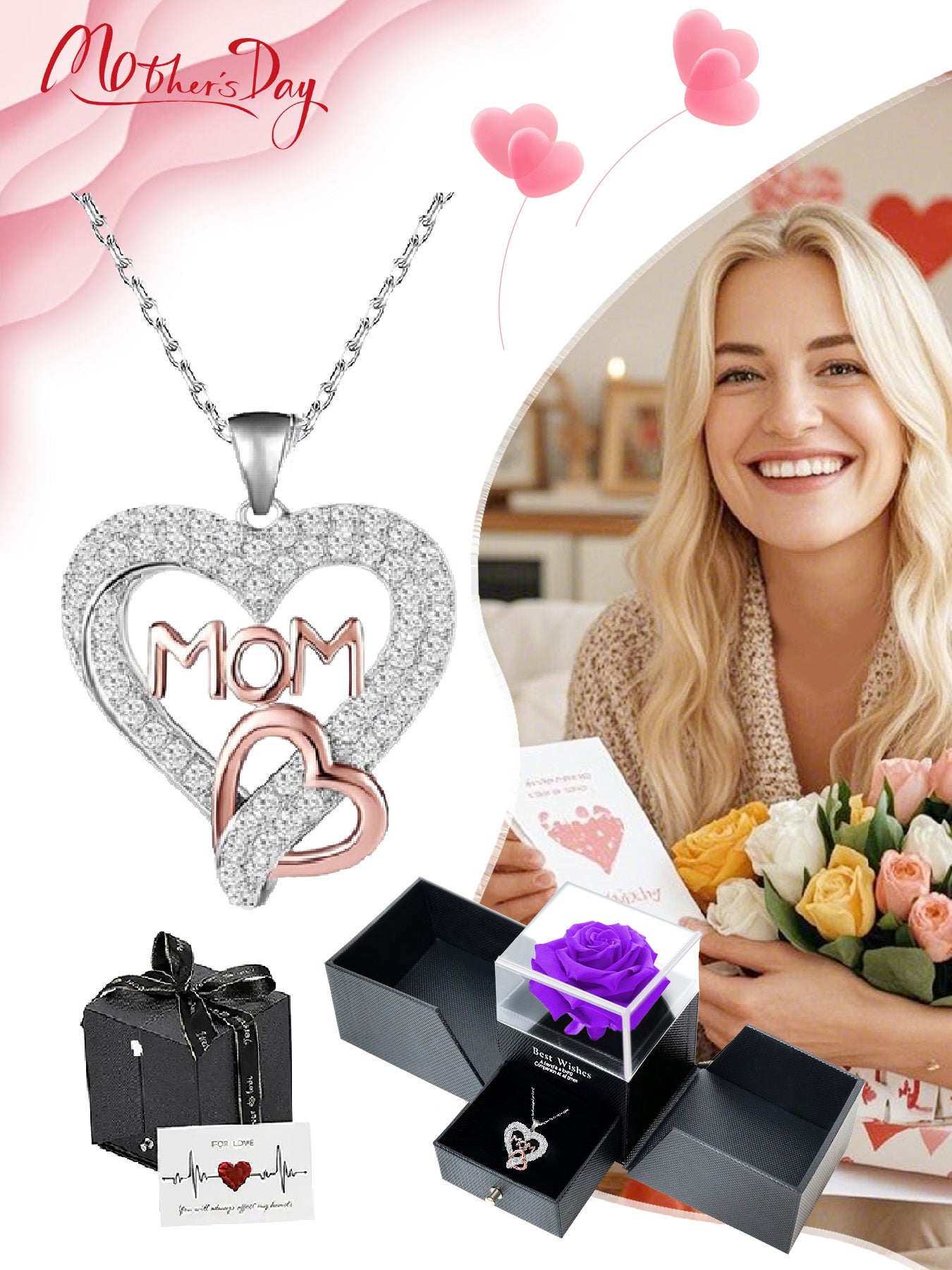 Romantic double heart necklace with double door rose gift box, holiday gift for mom, grandma, grandmother, holiday gift for family on Mother's Day, daily holiday gift, Christmas, Thanksgiving, Valentine's Day, anniversary gift, women's necklace, women's j