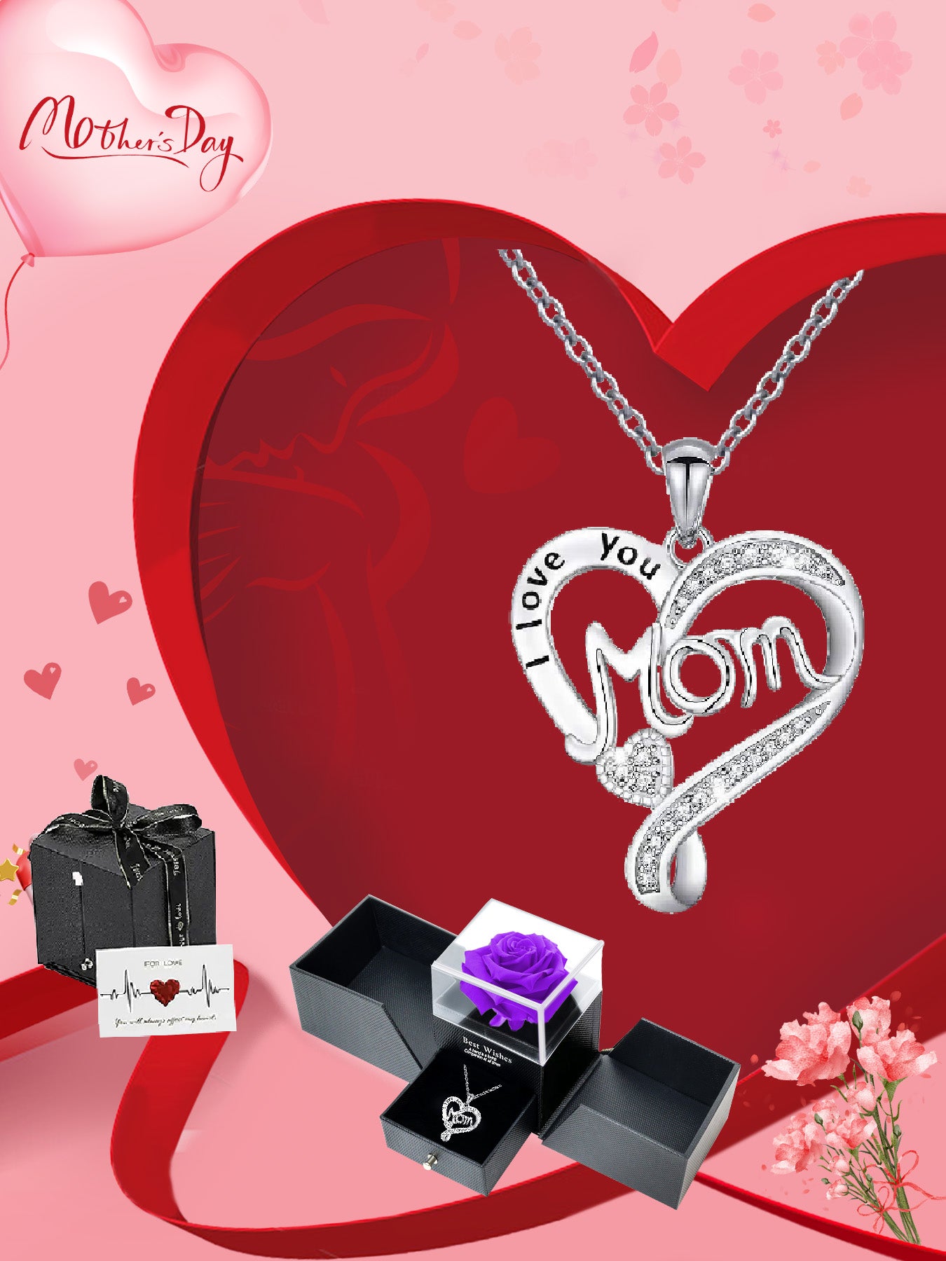 Mom style double heart necklace with eternal rose gift box, women's pendant necklace, women's jewelry gifts, mother's day women's necklace, anniversary gifts for mom and grandma, mother's day gifts, party fashion jewelry, mom women's necklace, anniversary