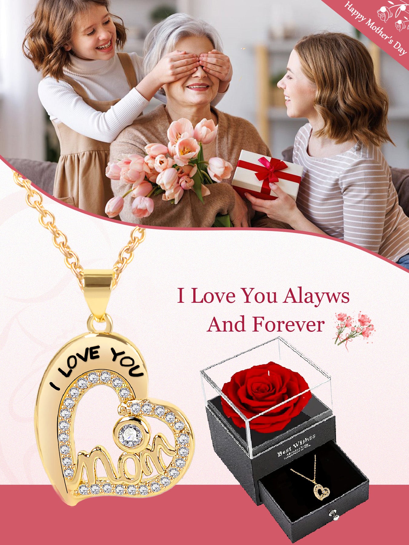 Unique love pendant necklace design with romantic rose gift box, mother's holiday gift, mother women's necklace, women's holiday gift, party fashion jewelry, Valentine's Day Thanksgiving anniversary gift, women's jewelry gift, gift for girlfriend mother w