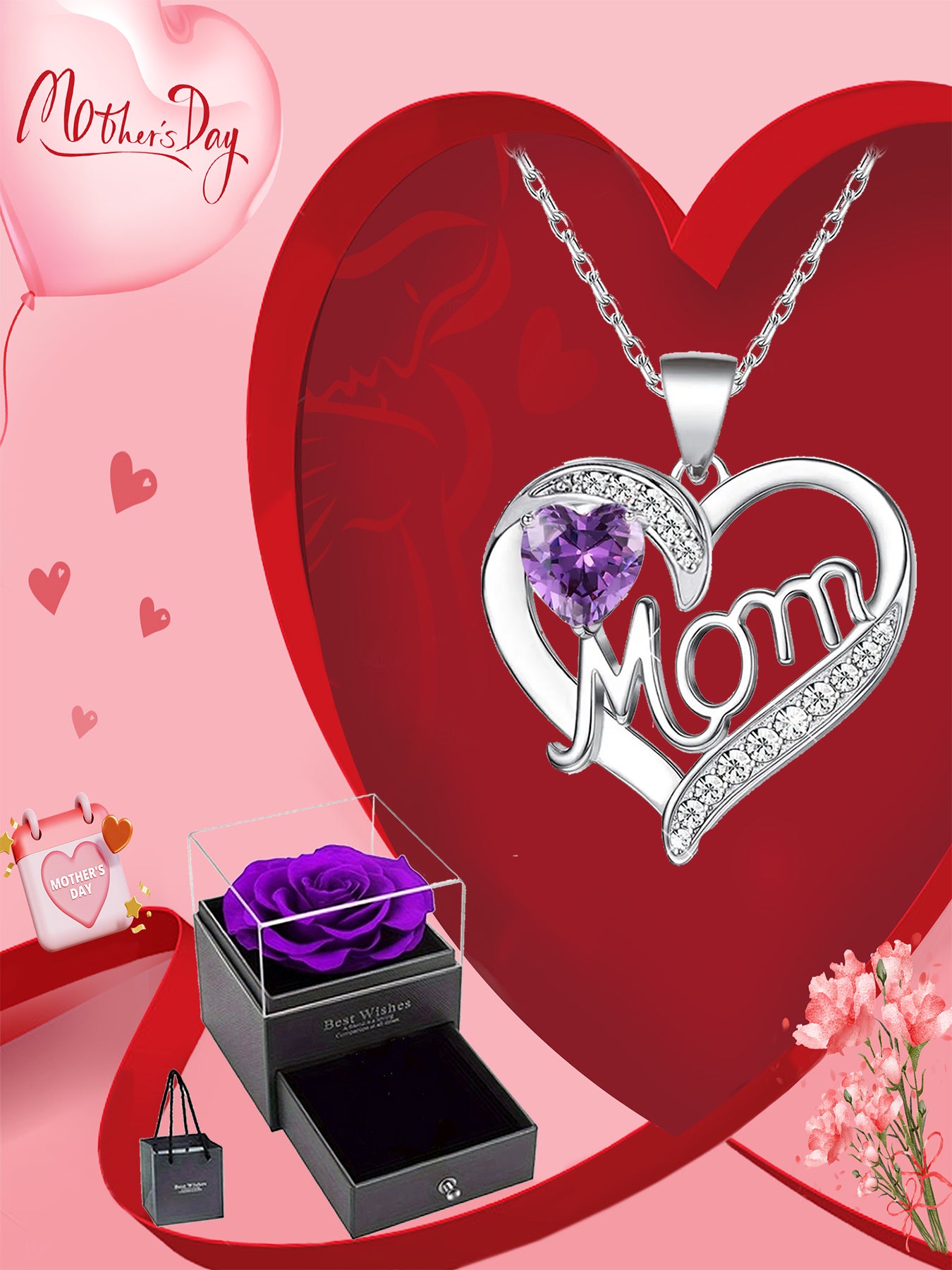 Double heart love design pendant necklace, women's mother necklace, women's rose gift box necklace, Mother's Day gift, holiday gift for mother, grandmother, anniversary gift, gift for wife, Mother's Day gift for mother, jewelry birthday gift for women