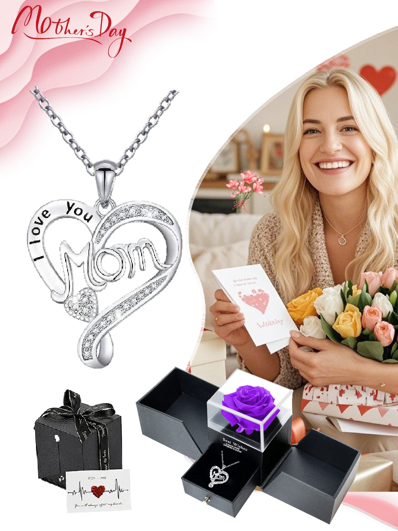 Mom style double heart necklace with eternal rose gift box, women's pendant necklace, women's jewelry gifts, mother's day women's necklace, anniversary gifts for mom and grandma, mother's day gifts, party fashion jewelry, mom women's necklace, anniversary