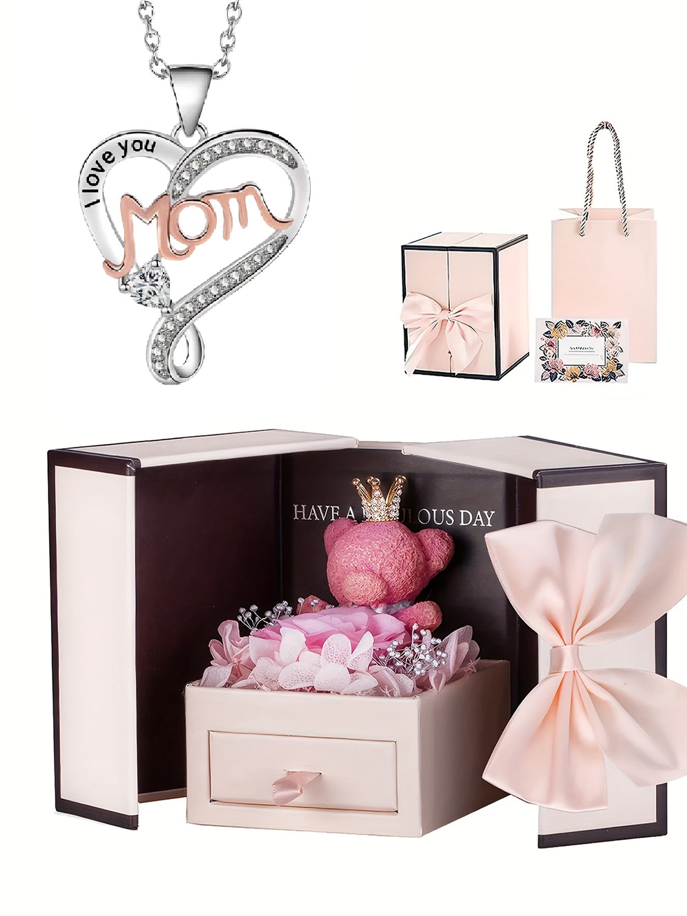 mom unique double heart necklace with romantic rose bear gift box, women's pendant necklace, women's jewelry gifts, mother's day women's necklace, anniversary gifts for mom and grandma, mother's day gifts, party fashion jewelry, mom women's necklace, anni